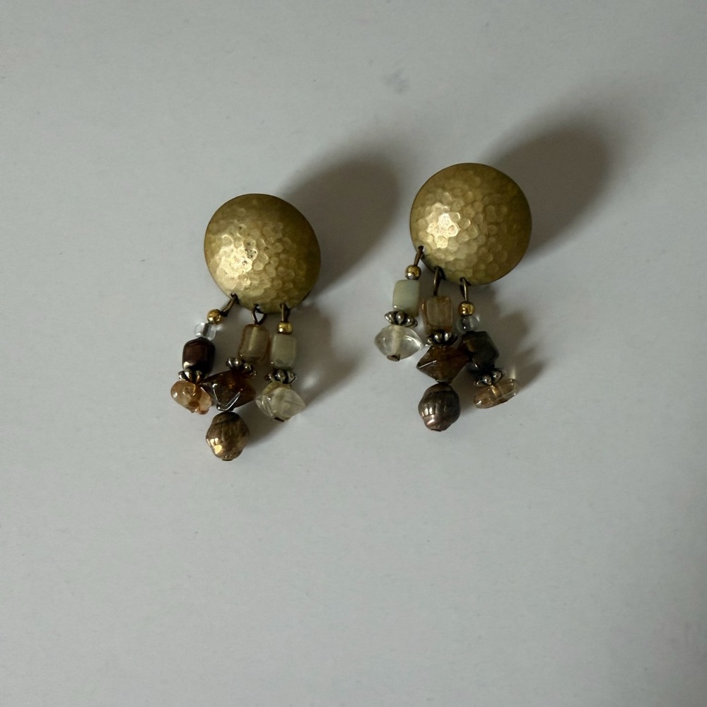 Vintage Hammered Gold-Tone Drop Earrings with Brown and Cream Beads